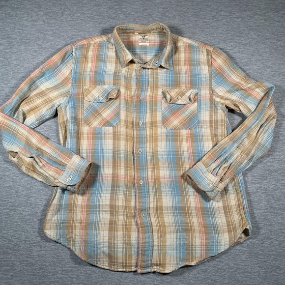Levi's Western Shirt Mens Large Blue Plaid Sanforized Long Sleeve Made in Italy - Picture 1 of 12